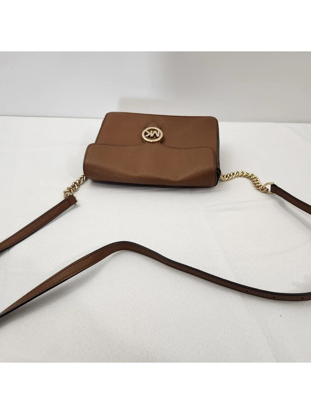 Michael Kors Fulton Small Brown Pebbled Leather Crossbody Logo Purse Bag